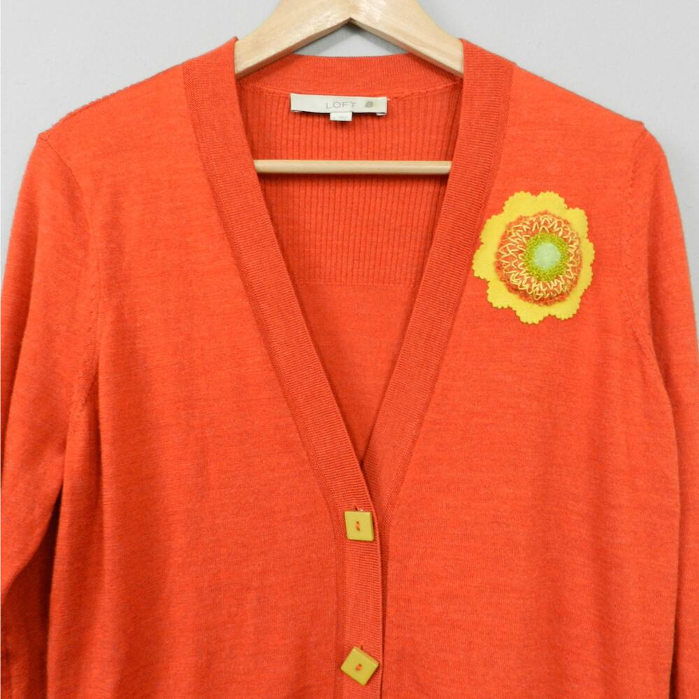 LOFT Cardigan Sweater Size L Orange Wool Blend Custom Buttons Flower Patch - Picture 16 of 16